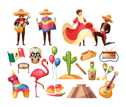 Mexican culture traditional symbols collection. Mens with guitars in traditional clothes costume and Mayan pyramid, musical instruments, guitar, maracas, cactus, food, tequila, flamingo, games