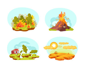 Natural disasters set. Wild landscape volcanic eruption, earthquake, forest fires, drought desert. Burning forest fires with burning trees. Drought disaster, water depletion cartoon