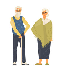 Elderly couple stand together. Senior lady and gentleman with cane. Old man and old woman, mature people. Smiling aged man and woman experiencing love to each other cartoon