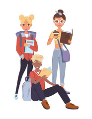 Group of people students reading books. Multicultural people study together. Girls and boys holding books and notebook book. Education and knowledge concept with characters