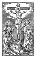 Crucified Jesus Christ dies on the cross surrounded by women like Mary Magdalena or Virgin Mary.