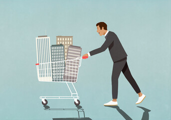 Businessman pushing skyscrapers in shopping cart
