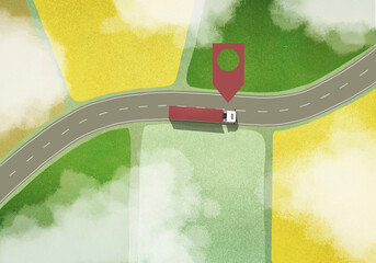 Location marker above commercial truck driving among rural fields

