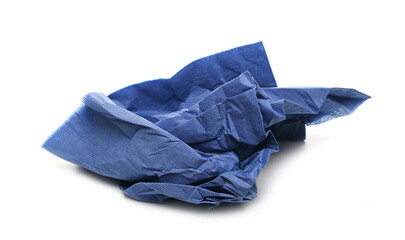 Crumpled blue paper serviette, napkin isolated on white background