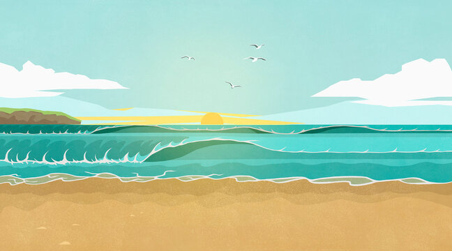 Sunset over ocean waves on idyllic summer beach
