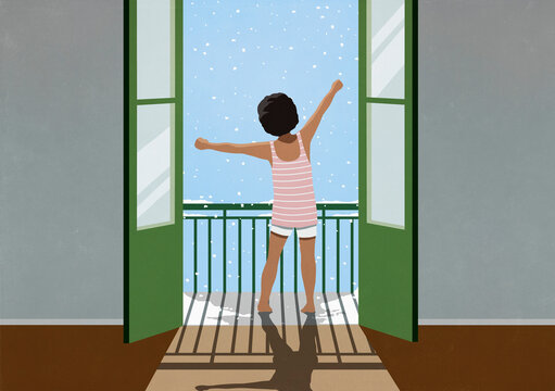 Excited girl waking and stretching on snowy winter balcony
