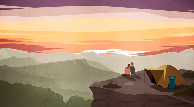 Couple enjoying majestic sunset mountain view outside tent
