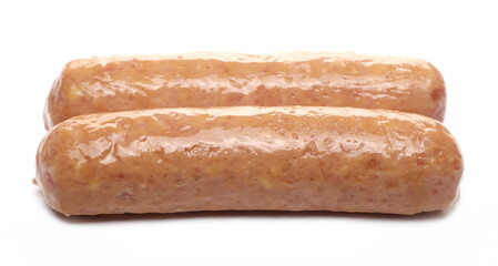 Raw sausages, uncooked hot dogs isolated on white background