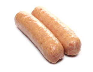 Raw sausages, uncooked hot dogs isolated on white background