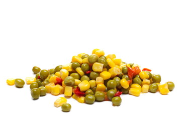 Mexican salad, vegetables mix with corn, peas and paprika isolated on white background