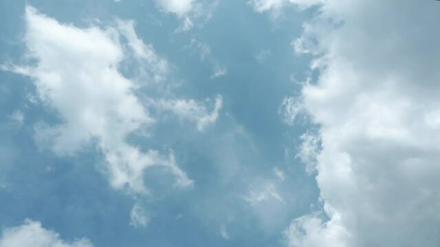 cloudscape b-roll footage, white fluffy clouds fast-move cloud in the blue sky. daytime cloudy summer day, moving forward to sunlight, travel inline horizontal skycaps nature background wallpaper VD