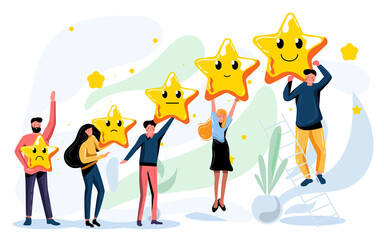 Customer review rating and best estimate of performance. People voting give score of five star point raising rank, performing successful rating, positive feedback, showing progress vector illustration