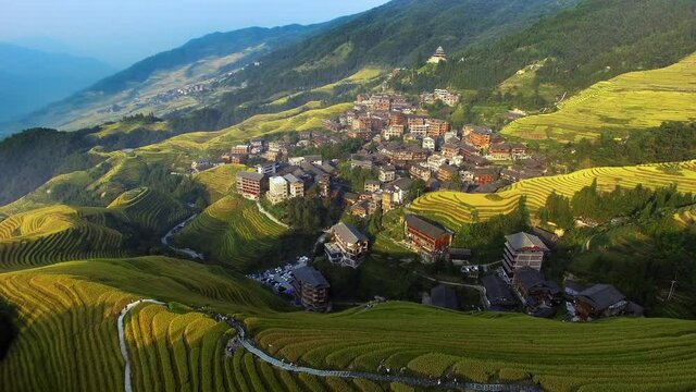 Aerial view of Longsheng Rice Terrace and alpine villages in Guangxi, China