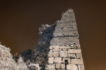 towers in the ancient city walls of Iznik (Nicea) Turkey in infrared