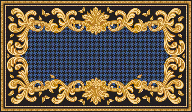 Carpet print on a black and blue chicken feet pied-de-poule pattern background, Gold cables, Greek bead frieze, Baroque scrolls. Scarf, neckerchief, kerchief, shawl, rug, mat. 2 pattern brushes in the