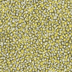 Floral seamless pattern. Many Hand drawn pencil drawing abstract white, yellow and green flowers on dark green background. Template for design, textile, wallpaper, clothing, ceramics.