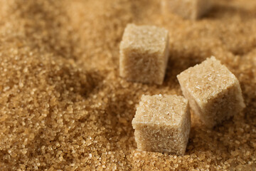 Brown cane sugar crystals and cubes of refined cane sugar closeup.