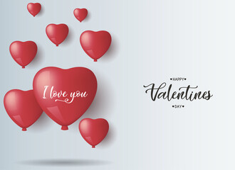 Valentines Day greeting card with red balloons I love you text . Happy Valentines day poster background, vector illustration