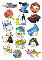 Japanese funny set. Traditional symbols, food and elements. Vector illustration.

