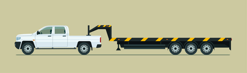 Towing pickup truck with trailer isolated. Vector flat style illustration. - obrazy, fototapety, plakaty