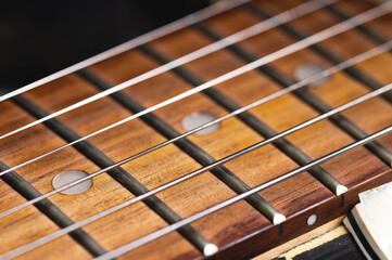 Electric guitar strings close-up. Music macro background