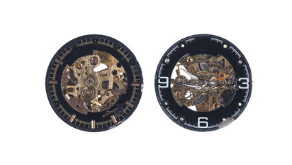 Obraz na płótnie Canvas broken dial, gears, watch parts and wristwatch mechanism