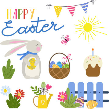 Flat cartoon style Easter elements isolated on white background.