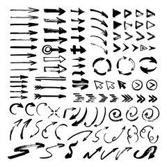 Big collection of arrows. One-stroke drawing. Hand-drawn by brush. Straight, round, thick, thin, spiral signs and icons.