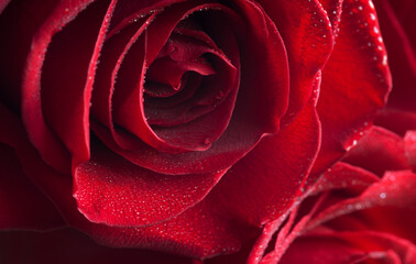 Fragment of red Rose with water drops. very shallow depth of field
