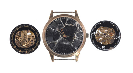 broken dial, gears, watch parts and wristwatch mechanism
