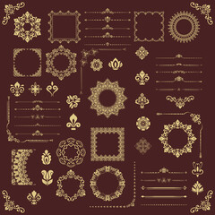 Vintage set of vector horizontal, square and round elements. Different golden elements for backgrounds, frames and monograms. Classic golden patterns. Set of vintage patterns