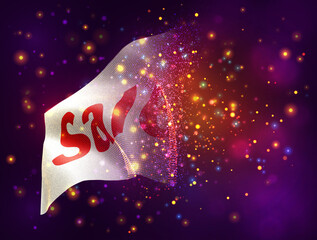 sale and discounts on vector 3d flag on pink purple background with lighting and flares