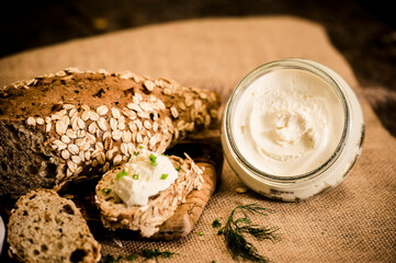 breakfast, a bread with cream cheese