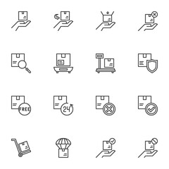 Cargo logistics line icons set, shipping and logistics outline vector symbol collection, linear style pictogram pack. Signs, logo illustration. Set includes icons as cardboard box delivery, insurance