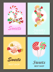 Candy shop round frame background with realistic fruit lollipops. Candy shop confectionery and sweets frame with lollipop