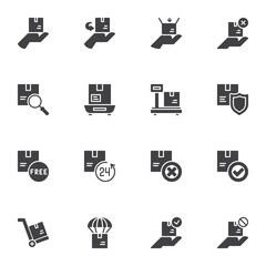 Cargo logistics vector icons set, shipping and logistics modern solid symbol collection, filled style pictogram pack. Signs, logo illustration. Set includes icons as cardboard box delivery, insurance