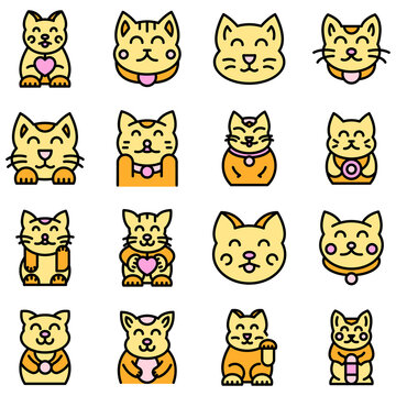 Lucky cat icons set. Outline set of lucky cat vector icons thin line color flat on white