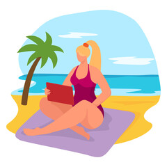 Obraz na płótnie Canvas Tropical relaxation beach front side, cheerful vacation woman sitting hold gadget tablet flat vector illustration, isolated on white. Hot country resting spot, ocean with sand coast, palm tree.