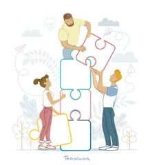 Vector illustration in flat design style. Teamwork. People put together puzzle pieces. Business team, business cooperation and partnership concept.