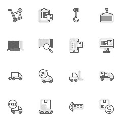 Fototapeta premium Delivery transportation line icons set, logistic shipping outline vector symbol collection, linear style pictogram pack. Signs, logo illustration. Set includes icons as cargo container, delivery truck