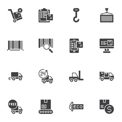 Delivery transportation vector icons set, logistic shipping modern solid symbol collection, filled style pictogram pack. Signs, logo illustration. Set includes icons as cargo container, delivery truck