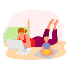 Young mother lying floor and surf laptop internet, son children sitting play ball flat vector illustration, isolated on white. Cozy comfortable home place, family relax online spend time.