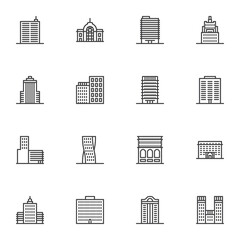 Office buildings line icons set, architectural building outline vector symbol collection, linear style pictogram pack. Signs, logo illustration. Set includes icons as skyscraper, business office