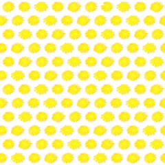 Seamless pattern of yellow flowers on white background. Endless bright backdrop with various dandelions. Hand-drawn blowballs, floral.