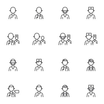 Doctor and nurse line icons set, outline vector symbol collection, linear style pictogram pack. Signs logo illustration. Set includes icons as hospital staff, medical worker avatar, doctor stethoscope