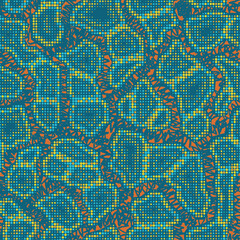 Abstract halftone camouflage. The skin of a chameleon or snake. Dot pattern in acid turquoise and orange tones camo background. Seamless vector texture © Юрий Парменов