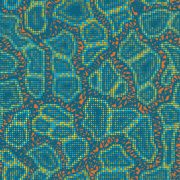 Abstract Halftone Camouflage. The Skin Of A Chameleon Or Snake. Dot Pattern In Acid Turquoise And Orange Tones Camo Background. Seamless Vector Texture