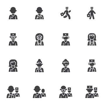 Male and female doctor vector icons set, modern solid symbol collection, filled style pictogram pack. Signs, logo illustration. Set includes icons as hospital staff, medical nurse avatar, emergency