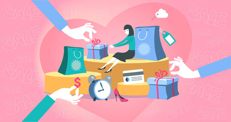 Abstract vector illustration. Poster. Sale with big discounts. The seller's hands lay out gifts, attracting the buyer. Discount shopping concept