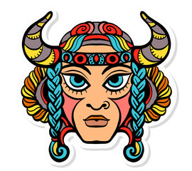 Vector illustration of trendy tattoos, stickers. Face of a man, shaman with braided hair and buffalo horns in vintage style